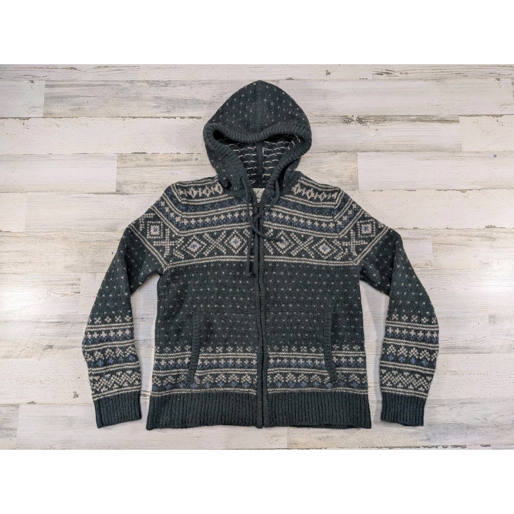 LL Bean Mens Ragg Lambs Wool Full Zip Hoodie Sweater Green Fair Isle 508101 S